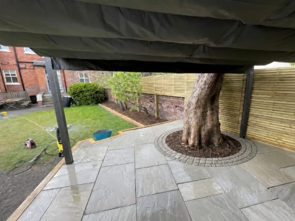 Circular block paving detail around a mature tree