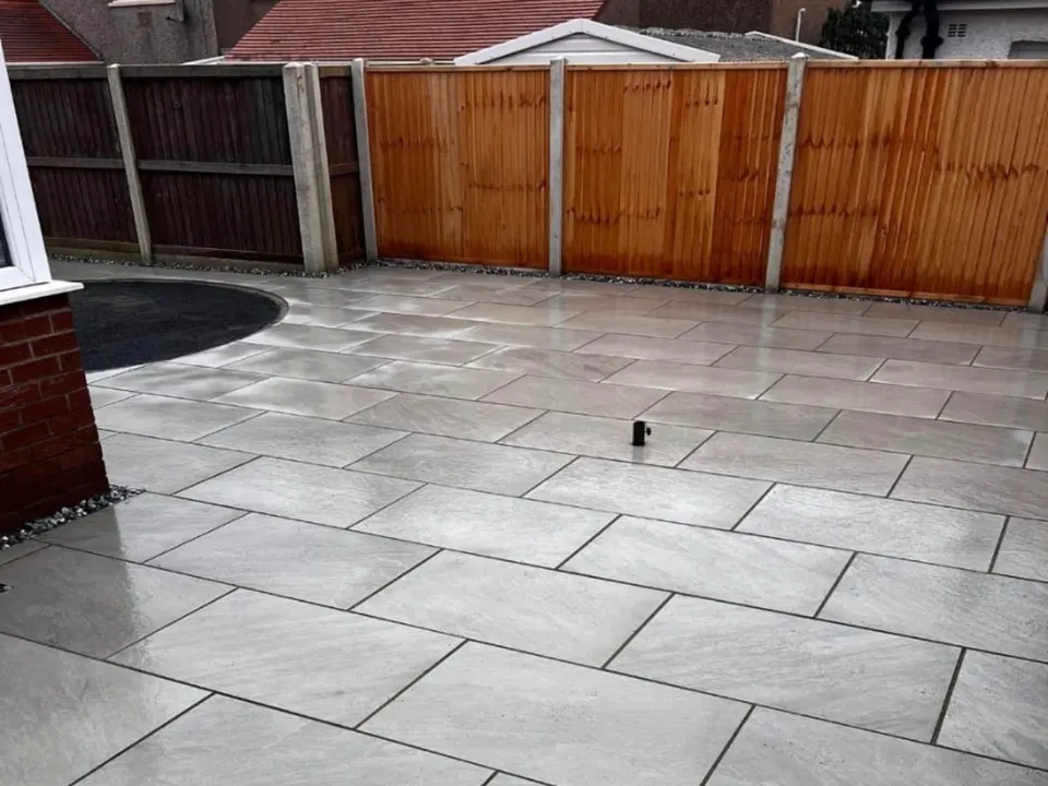 Large format porcelain patio freshly laid