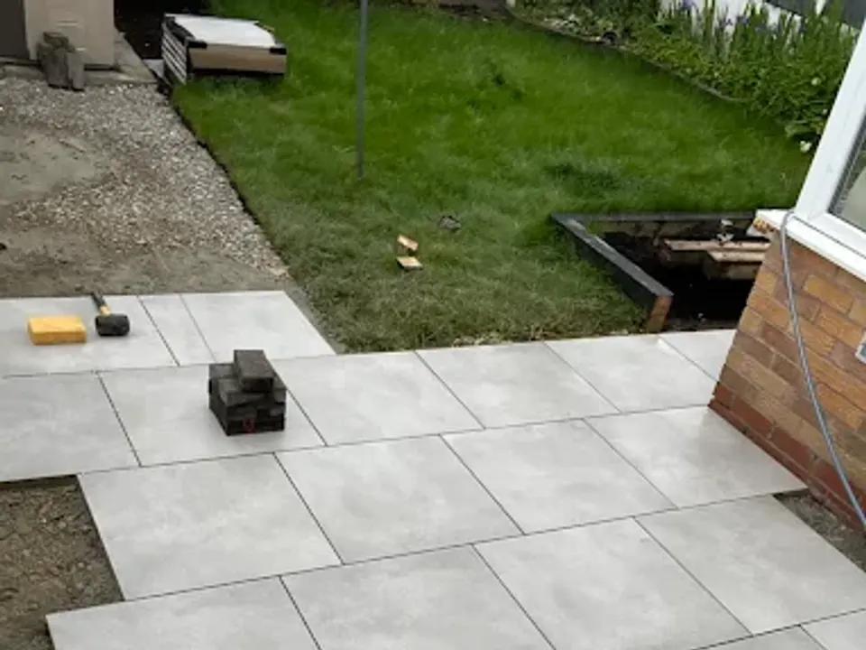 Porcelain paving mid install on a prepared base